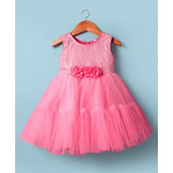 Babyhug Mesh Woven Sleeveless Partywear Dress With Floral Corsage & Sequined Yoke - Pink