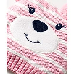 Babyhug Organic Cotton Knit Woollen Cap & Mittens With Teddy & Ear Applique Pink & White - Diameter 9 cm