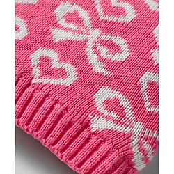Babyhug Organic Cotton Woollen Knit Cap & Mittens Set with Stripe Bow & Hearts Design Pink - Diameter 17 cm