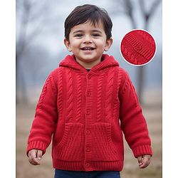 Babyhug Knit Full Sleeves Hooded Front Open Sweater with Cable Knit Design - Red