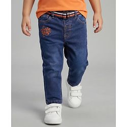 Babyhug Denim Full Length Washed Embroidered Jeans With Stretch & Belt - Navy Blue