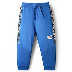 Babyhug French Terry Knit Full Length Cut & Sew Lounge Pant with Text Print - Blue