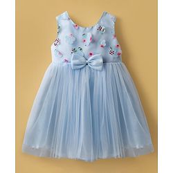 Babyhug Woven Sleeveless Mesh Party Dress with Bow & Floral Applique - Light Blue