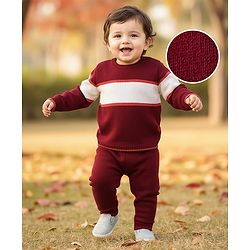 Babyhug Knit Full Sleeves Striped Pullover Sweater Set - Maroon White & Orange