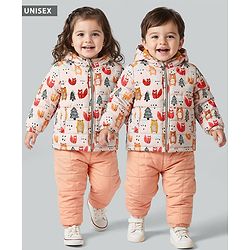 Babyhug Woven Full Sleeves Winter Wear Hooded Padded Jacket & Lounge Pant Set with Jungle Theme Print - Peach