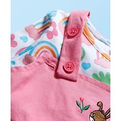 Babyhug Cotton Woven Frock & Full Sleeves Inner Tee With Bunny Embroidery & Rainbow Print - Pink & White
