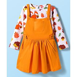 Babyhug Cotton Knit Full Sleeves Frock With Animal Printed Inner Tee - Orange & White