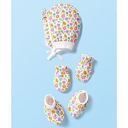 Babyhug 100% Cotton Knit Cap Mittens & Booties Set with Floral Print White - Circumference 32 cm