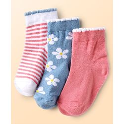 Cute Walk by Babyhug Knit Anti Bacterial Ankle Length Socks With Stripes & Floral Design Pack of 3 - Multicolor