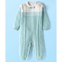 Babyhug Cotton Knit Full Sleeves Winter Wear Romper With Cable Knit Design & Bow Applique - Light Blue