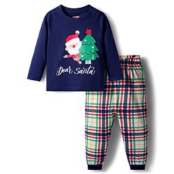 Babyhug Cotton Knit Full Sleeves Night Suit With Santa Print - Navy Blue