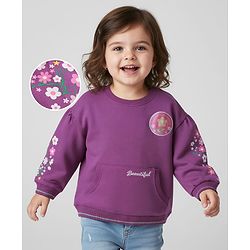Babyhug Cotton Knit Full Sleeves Pullover Sweatshirt with Floral Print & Kangaroo Pocket - Purple