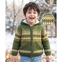 Babyhug Knit Full Sleeves Hooded Front Open Sweater with Abstract Design - Olive Green