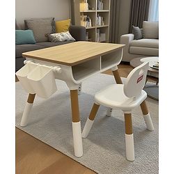 Babyhug Kids Table & Chair Set - Natural|Adjustable Height| Study & Play Furniture for Boys & Girls| Eco-Friendly Wood| Rounded Corners| Anti-Skid Legs| Under the Table & Side Storage