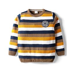 Babyhug Knitted Full Sleeves Striped Pullover Sweater With Patch Detailing - Mustard & Navy Blue