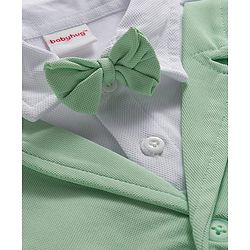 Babyhug Knit Full Sleeves Solid Polo Party T-Shirt & Trouser Set With Bow Applique & Attached Waistcoat - Mint Green & White