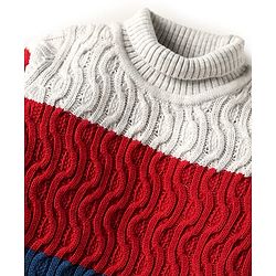 Babyhug Knitted Full Sleeves Turtle Neck Pullover Sweater With Color Block & Cable Knit Design - Multicolor