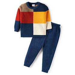 Babyhug Knitted Full Sleeves Pullover Sweater Set With Color Block Design - Navy Blue