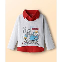Babyhug 100% Cotton Knit Full Sleeves Mock Twofer T-Shirt with Construction Print - Light Grey