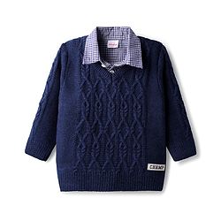 Babyhug Knitted Full Sleeves Collar Neck Pullover Sweater With Cable Knit Design - Navy Blue