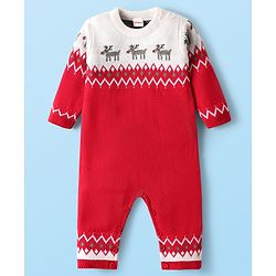 Babyhug Knit Full Sleeves Winter Wear Romper With Reindeer Design - Red & White