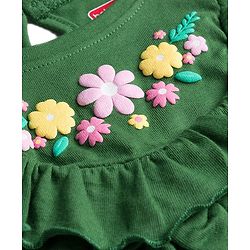 Babyhug Cotton Knit Full Sleeves Frock With Bow & Floral Applique - Green
