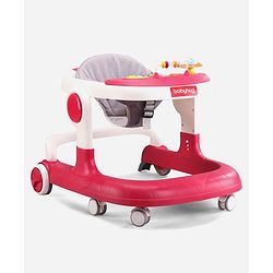 Babyhug 2 in 1 Walker with Height Adjustment & Detachable Toy Bar with Lights & Music | Musical Activity Tray| Soft Cushion Seat| Speed Control| Push Walker| Wheel Lock| Anti-fall Protection - Red