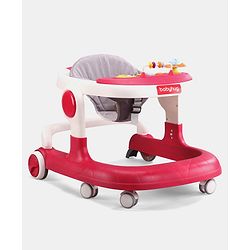 Babyhug 2 in 1 Walker with Height Adjustment & Detachable Toy Bar with Lights & Music | Musical Activity Tray| Soft Cushion Seat| Speed Control| Push Walker| Wheel Lock| Anti-fall Protection - Red