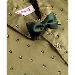 Babyhug Cotton Poplin Woven Full Sleeves Printed Shirt & Stretchable Trouser Set with Suspenders & Bow - Olive Green & Khaki