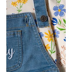 Babyhug Single Jersey Full Sleeves Top & Dungaree Set with Floral Print - White & Blue