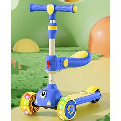 Babyhug Leo 2 in 1 Kids 3 Wheel Kick Scooter with Foldable Seat with LED - Blue| 3 Level Adjustable Handle| Foldable Design| Toy for 3 to 12 Yrs Boys & Girls| Sport Gift| Physical Activity| Wide Deck