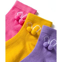 Cute Walk by Babyhug Knit Ankle Length Socks with 3D Pompom Applique Pack of 3 - Multicolor