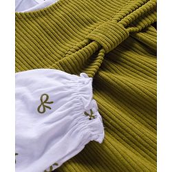 Babyhug Cotton Woven Frock with Full Sleeves Inner Tee Bow Print - Olive Green & White