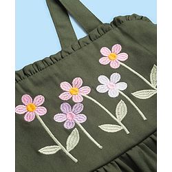 Babyhug Cotton Knit Floral Embroidered Frock with Full Sleeves Inner Tee - Olive Green & White