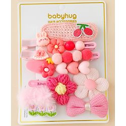 Babyhug Free Size Hair Pins & Clips With Floral Heart & Bow Applique Pack of 12 - Pink