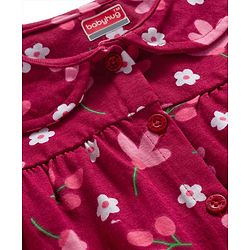 Babyhug Cotton Knit Full Sleeves Co-ords Night Suit With Floral Print - Maroon