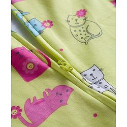 Babyhug Interlock Knit Full Sleeves Sleepsuit With Cat Print - Yellow