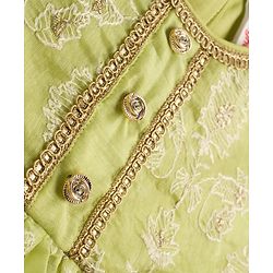 Babyhug Chanderi Woven Three Fourth Sleeves Kurta Salwar & Dupatta Set With Floral Embroidery - Lime Green