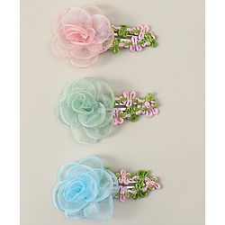Babyhug Snap Clips with Floral Applique Pack of 3 - Pink Green & Blue