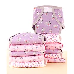 Babyhug 100% Interlock Cotton Reusable Printed Cloth Nappies with Velcro Closure Pack of 12 Rabbit, Rainbow and Flower Print Small Size| Machine Washable| Soft & Skin Friendly