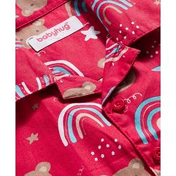 Babyhug Cotton Woven Full Sleeves Co-ord Night Suit With Teddy Bear & Unicorn Print - Red