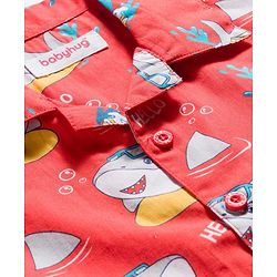 Babyhug Cotton Woven Full Sleeves Co-ord Night Suit With Shark Print - Red