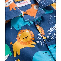 Babyhug Cotton Woven Full Sleeves Front Open Co-Ord Night Suit with Animal Print - Navy Blue
