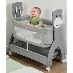 Babyhug Wooden Cradle with Mosquito Net - Grey| Swing Lock & Wheels| Safe & Durable Baby Cot with Storage| Smooth Rocking| Spacious Sleeping Area| Bassinet| Suitable for Newborn