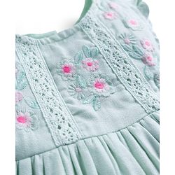 Babyhug Woven Sleeveless Frock with Floral Embroidery - Mint