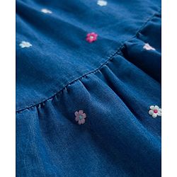 Babyhug Half Sleeves Denim Frock With Floral Embroidery - Blue