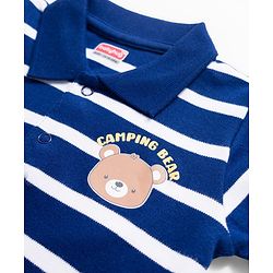 Babyhug 100% Cotton Knit Full Sleeves Striped Polo T-Shirt With Teddy Bear Print - Navy Blue