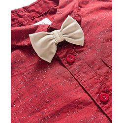 Babyhug Cotton Woven Full Sleeves Printed Shirt & Trouser Set with Bow - Maroon & Beige