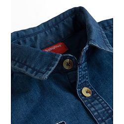 Babyhug Woven Full Sleeves Denim Shirt & Trouser Set With NY Embroidery - Blue & Beige