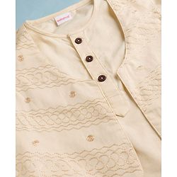 Babyhug 100% Cotton Flex Woven Full Sleeves Solid Dhoti Kurta Set With Embroidered Koti -Beige